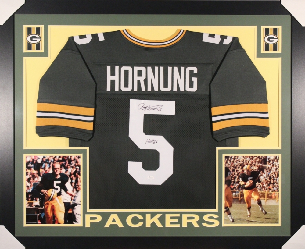 Paul Hornung Autographed Signed Packers 35X43 Custom Framed Jersey Inscribed "HOF 86" (JSA) 