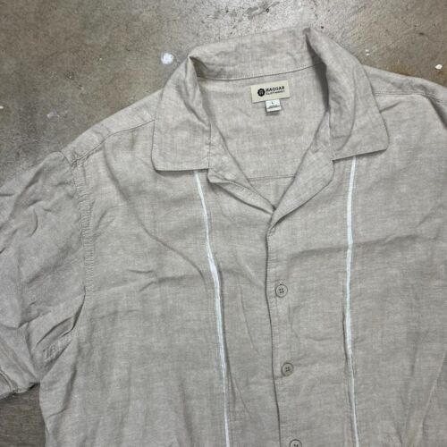 Vintage Haggar Linen camp collar Shirt size large short button beige old money - Picture 2 of 7