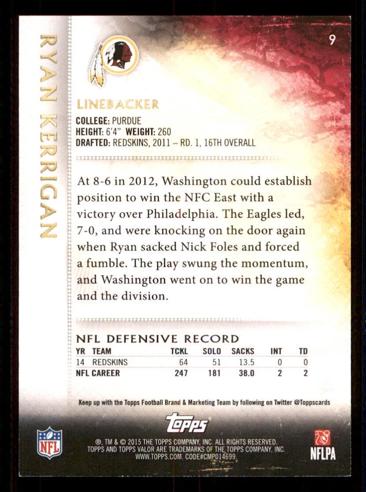 2015 Topps Valor Glory #9 Ryan Kerrigan /99 - Image 2 of 2