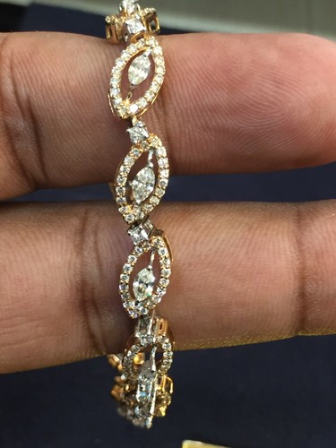 Pave 3.06 Cts Round Marquise Cut Diamonds Tennis Bracelet In 585 Fine 14K Gold - Picture 4 of 8
