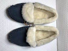 J Crew Women's Blue Suede Leather Shearling Mocs Slippers Size-10