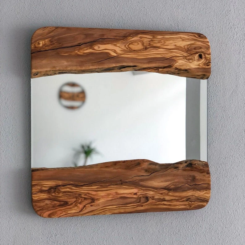 Wood Square Wall Mirror, Live Edge Wood Wall Mirror, Wood Frame Mirror Wall Deco - Image 2 of 4