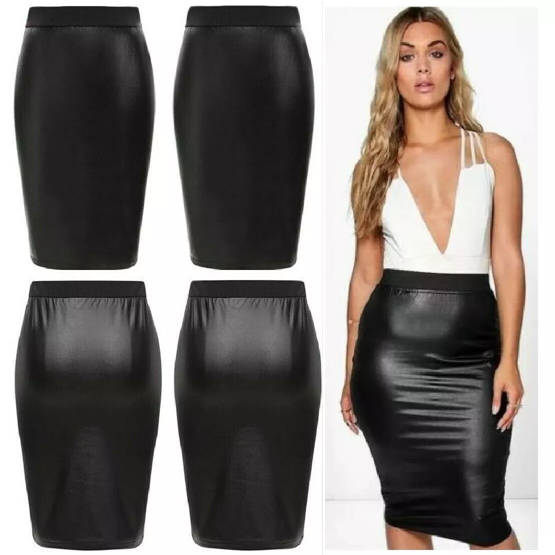 Women Ladies Wet Look Faux Leather Pencil Stretch Plus Size Midi Skirt  8-26*L