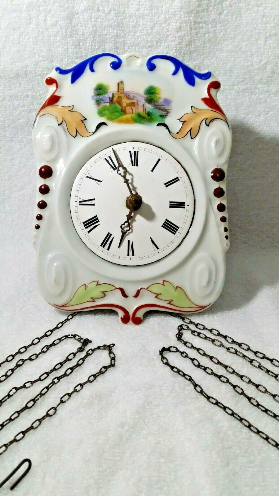 Antique Wood Cased Wall Clock with Bell Type Chime & Decorat
