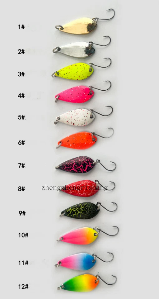 Señuelo de cuchara de metal colorido 12 piezas señuelo de pesca trucha lubina cebos hilanderos ganchos de plantilla Foto 4 de 4