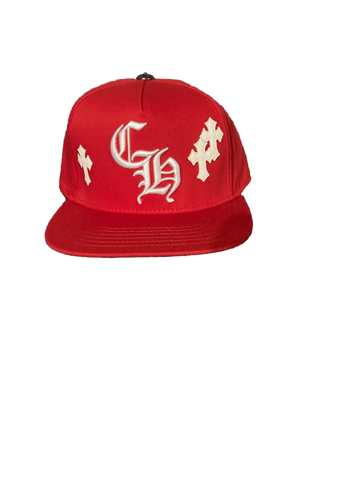 Chrome Hearts Red Baseball Cap White Leather Crosses White Embroidered Logo
