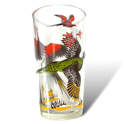 Vtg Mid Century Hazel Atlas Pheasants Hunter Cocktail Glass 5  & Shot Glass Bar