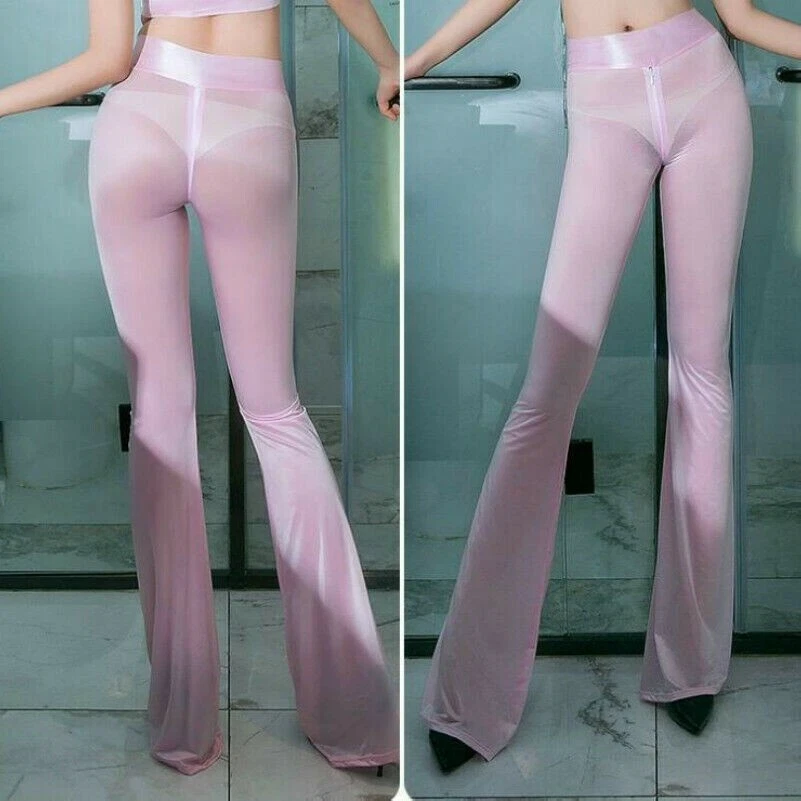 Lady See Through Glitter Pants Trousers Zip Crotch Sheer