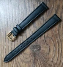 12mm VINTAGE GENUINE CALF LEATHER APOLLO BLACK STITCHED WATCH STRAP, GOLD BUCKLE