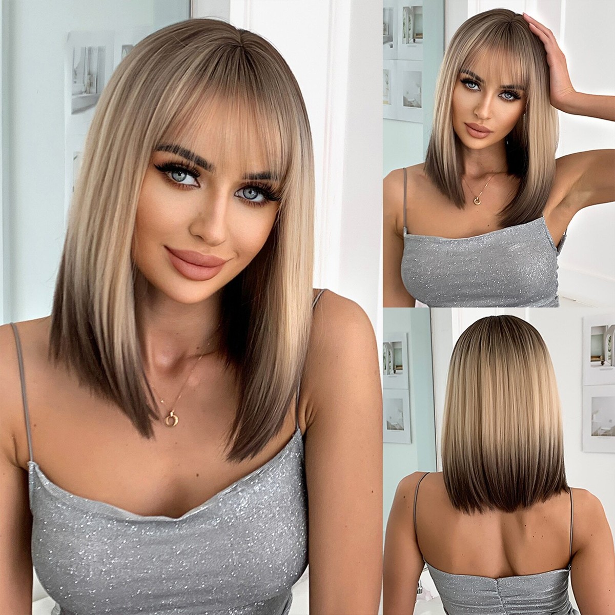 Short Dark Brown Blonde High Heat Resistant Wig Wigs Short brunette curly Wig, Heat Resistant, rooted wig  main image 3