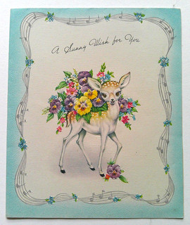 Deer fawn with flowers embossed vintage Get Well greeting card #C5