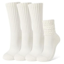 4 Pairs Women Scrunch Crew Socks Retro Solid Slouch Mid Calf Rib Tube White