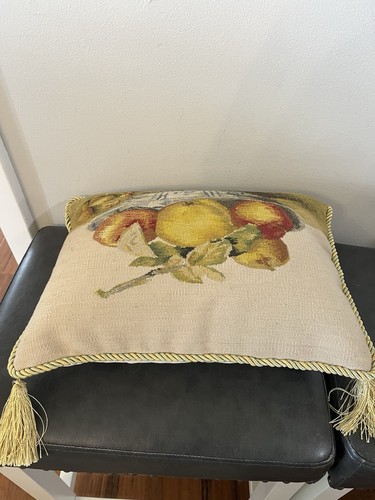 Vintage Nadelspitze Kissen Überwurf 15x11 Quasten Obst blau Schale gedeckte Farben Feder - Bild 12 von 15