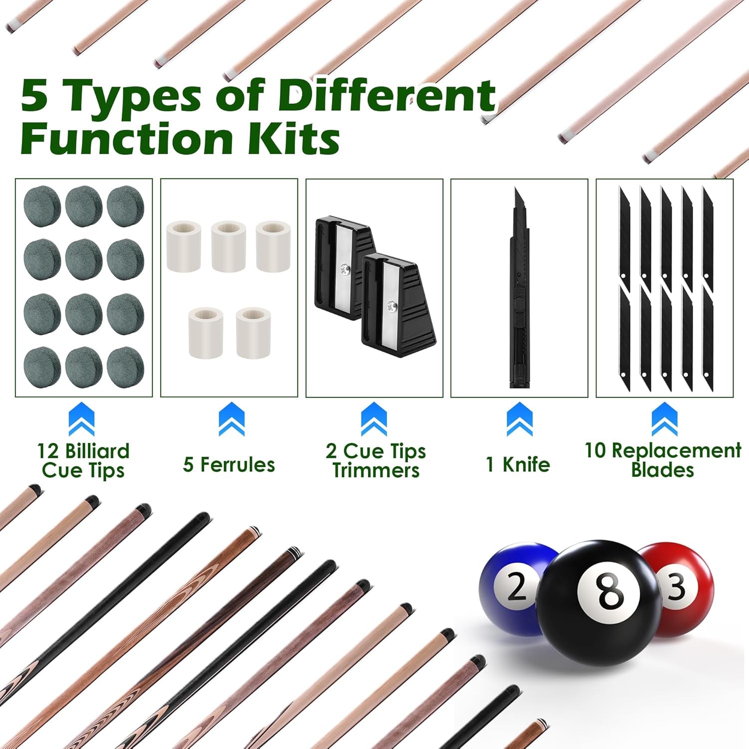 47pcs Pool Cue Repair Kit, Billiard Cue Tips, 5 in 1 Tips Repair Tool, 2 Clamp, 