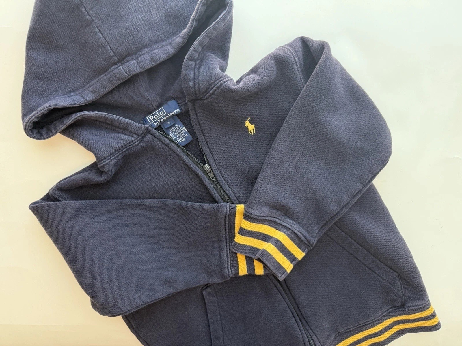 PONY Felpa con cappuccio e zip per bambini Polo Ralph Lauren vintage blu navy giallo taglia 5