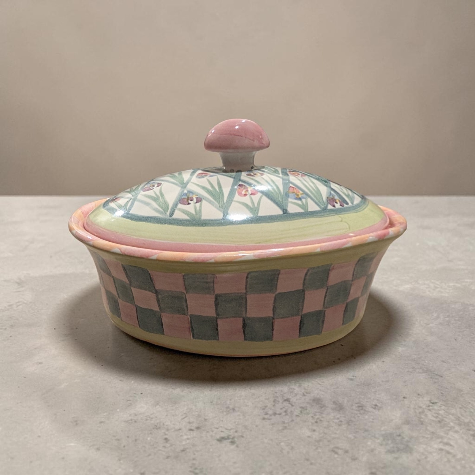 MacKenzie-Childs Oval Covered Casserole Dish — Floral Trellis / Garden Pattern