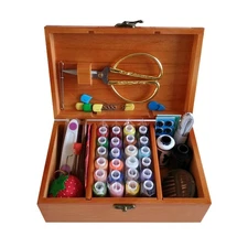 Wooden Sewing Basket Box With Kit Accessories, Craft Organizer Storage Case