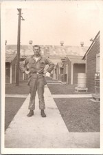 Vintage WWII Era Soldier Snapshot Photo Military Barracks Base Man in Uniform