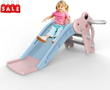 Playful Toddler Kids Slide Playset with Ball & Hoop for 1-3 Years Non-Slip Steps