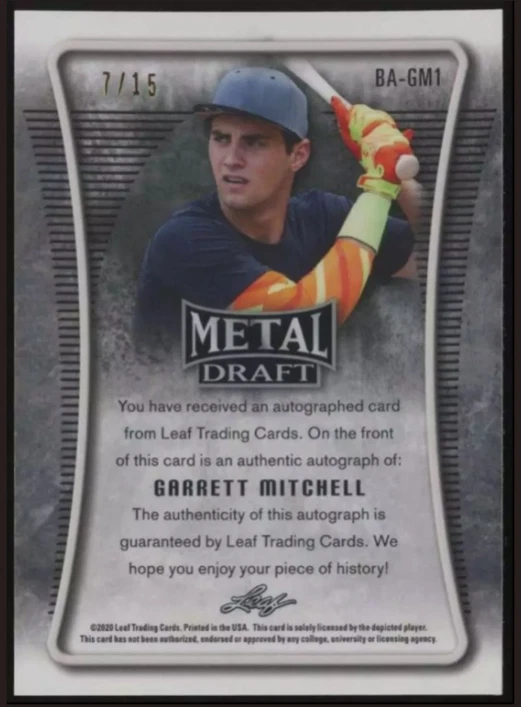 Garrett Mitchell Rookie Auto /15 2020 Leaf Metal Draft Blue Crystals Autograph - Image 2 of 3