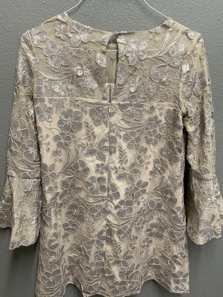 Badgley Mischka Belle блестки блестящий 3/4 рукав оболочка Shift коктейльное платье Sz 6 - Изображение 2 из 3