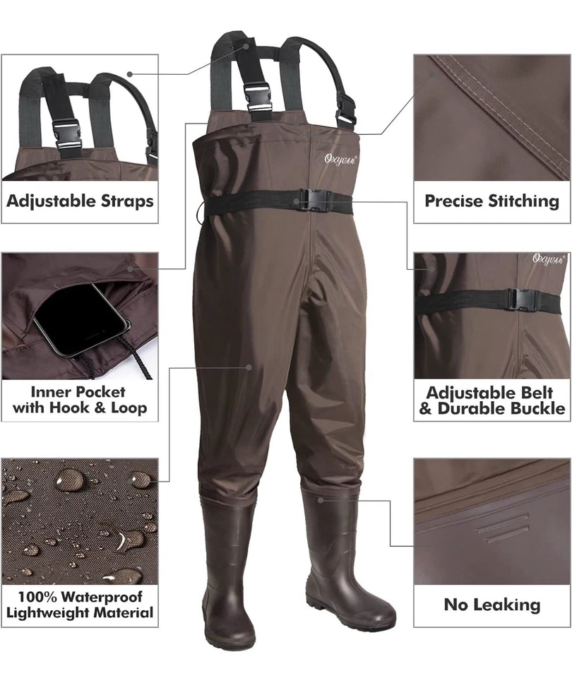 OXYVAN Chest Waders with Boots for Men & Women, Nylon/PVC Lightweight-Size 8 - Image 2 of 4