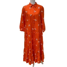 ERDEM Patmos Dress Linen Long Sleeve Midi Shirt Womens 6 Rust Boho Oversize