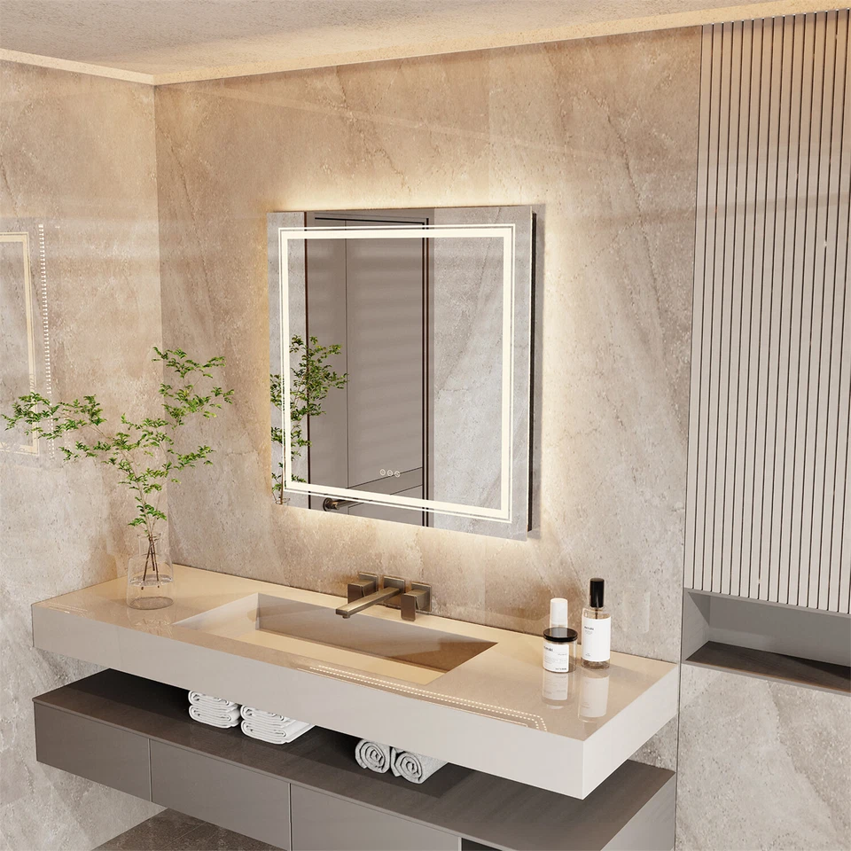 Espejo de baño iluminado montaje en pared espejo de tocador de ducha cuadrado 3 colores regulable Foto 4 de 4