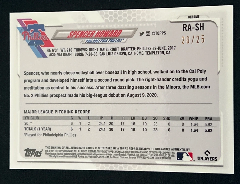 2021 Topps Chrome Sapphire Edition Rookie Orange /25 Spencer Howard Auto RC - Image 2 of 2