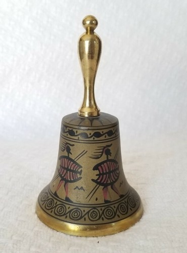 BRASS BELL HAND PAINTED AFRICAN WARRIOR MOTIF 4.25" TALL 2.75" ACROSS - Picture 2 of 5