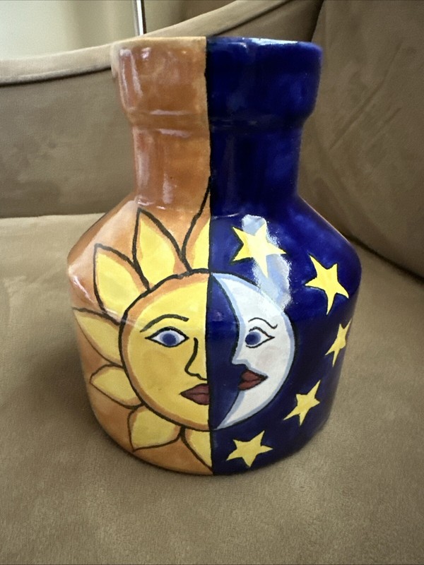 Talavera Sun & Moon Mexican Pottery Ceramic Pot Vase Jar Celestial Eclipse