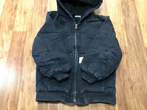 BOYS SMALL (7-8) - Vtg Carhartt Duck Quilted Lined Hooded Jacket Navy Blue - Picture 4 of 13