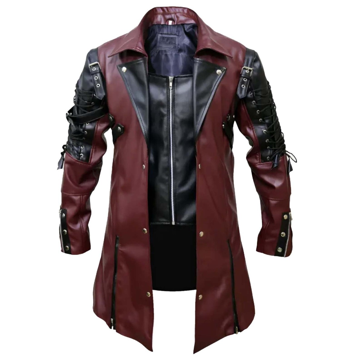 Men's Gothic Steampunk Trench Coat – Burgundy Black Rock Punk - Main Image