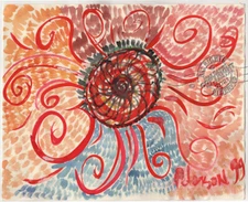 C Peterson 1999 Sun Flower * Watercolor Painting * Bright Abstract Eye of Sun