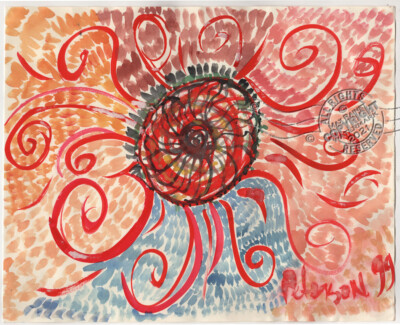 C Peterson 1999 Sun Flower * Watercolor Painting * Bright Abstract Eye of Sun