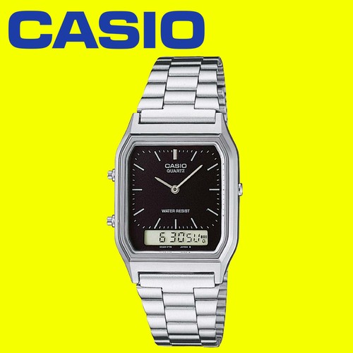 Da Uomo Nero/Argento Casio Orologio Dual Time Analogico Digitale in Acciaio  Band aq-230a-1dmq | eBay