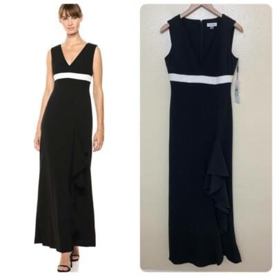 CALVIN KLEIN Cocktail Dress Gown Size 4 Black Sleeveless V Neck Maxi Ruffle  | eBay