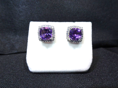 4.76ct Natural Cushion Cut Amethyst, CZ Solid Sterling Silver Halo Stud Earrings - Imagen 2 de 9