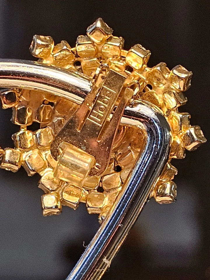 Brincos de strass vintage Hobe verde esmeralda tom dourado clipe de rolo Starburst - Imagem 2 de 4