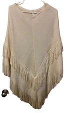 Covington Womens OS Double Fringe Poncho Cape Cream Boho Shawl