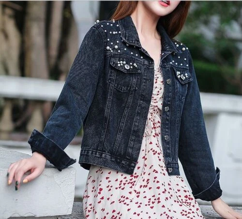 Women's Pearl Denim Jacket Casual Loose Fit Biker Jeans Outwear Coat Plus Size - Picture 9 of 12