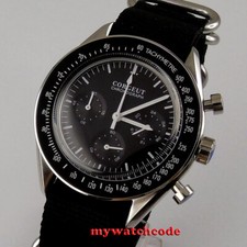 40mm corgeut black dial steel case 24 hours quartz full chronograph mens watch