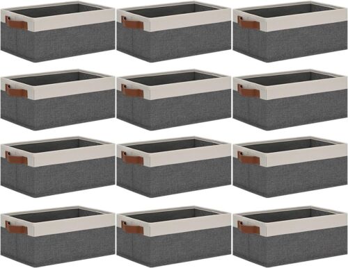 Small Fabric Storage Bins 12 Pack, Storage Basket with Leather Handles