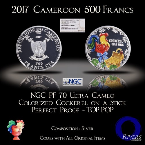 CAMEROON. 2017, 500 Francs, Silver - NGC PF70 UC - Top Pop 🥇 Rooster - Picture 10 of 10