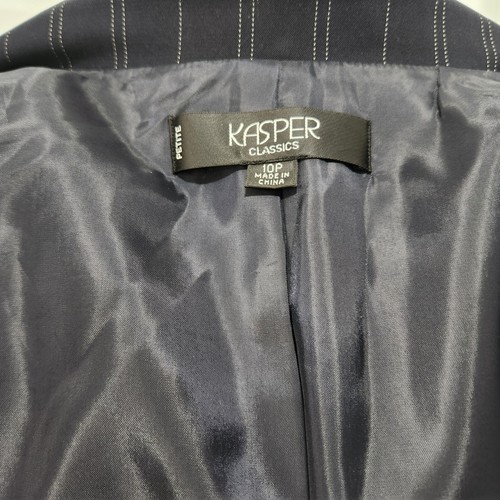 KASPER Blazer Skirt Women's 10 Petite Pinstripe 2 Piece Suit Navy Blue Career - Picture 10 of 21