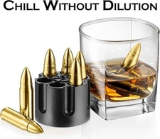 6 XL GOLD Stainless Steel Whiskey Bullets Drink Cooler in Revolver Base