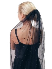 Black Pearl Wedding Veil 1-Tier 23.6 inch Tulle with Comb for Halloween