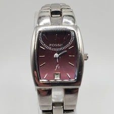 Fossil F2 Red Date Dial Quartz Watch Womens 19mm Silver Tone New Battery