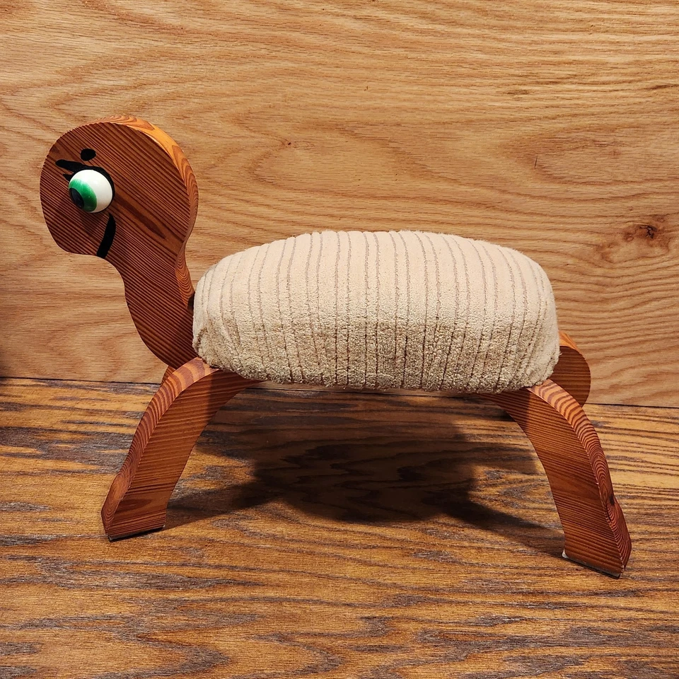 Vintage Handmade Wooden Turtle Footstool Padded Footrest Ottoman Alfred Pellerin - Image 2 of 4