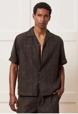 Todd Snyder | Cropped Embroidered Linen Camp Collar Shirt | Caviar | M